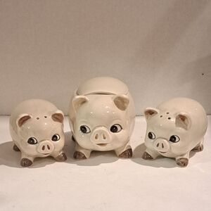 Salt and Pepper Shaker Pigs and Suger. Vintage Like New, Glazed Ceramic.